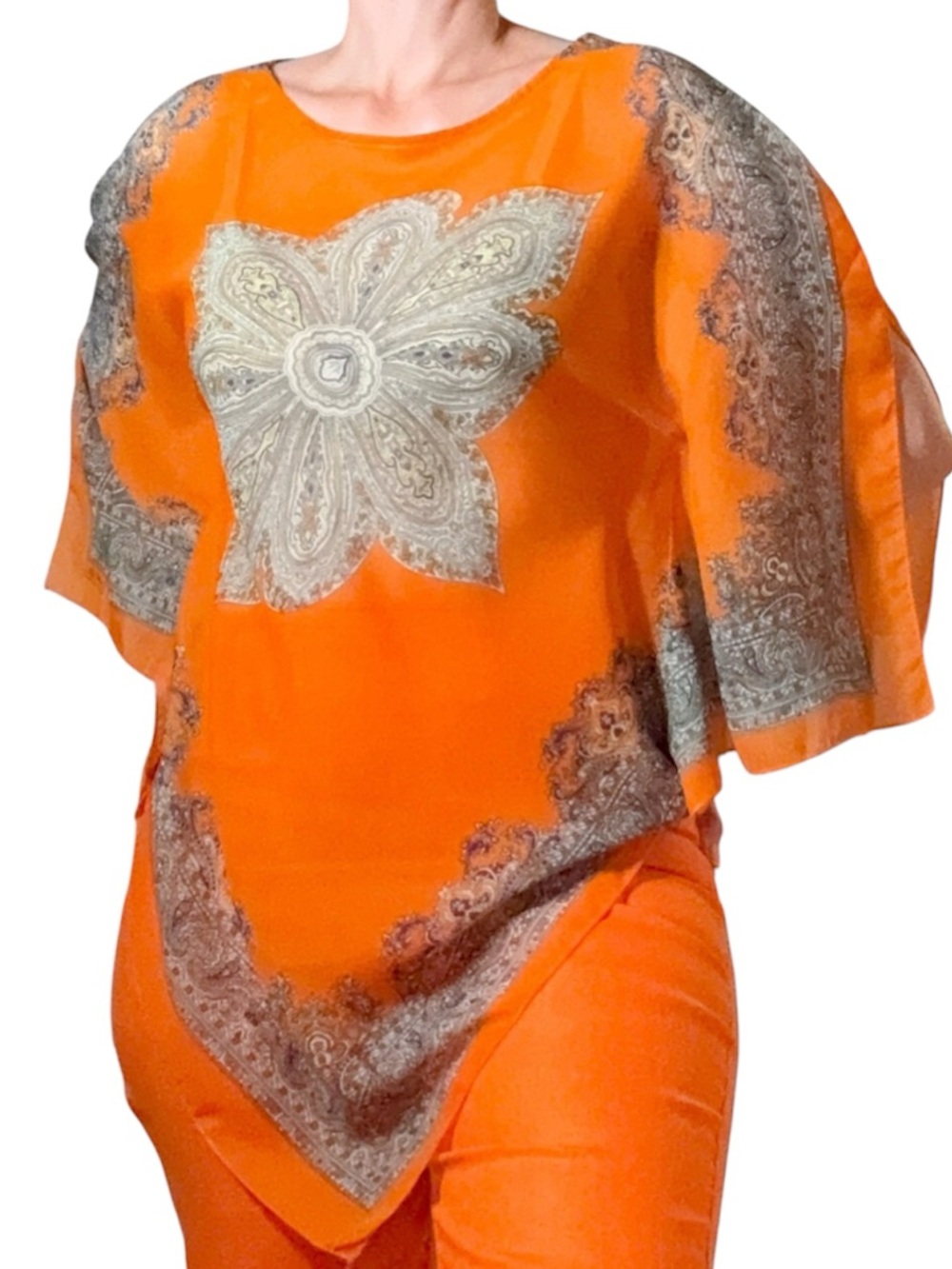 100% Silk Orange Paisley Kaftan Poncho Top Resort One Size